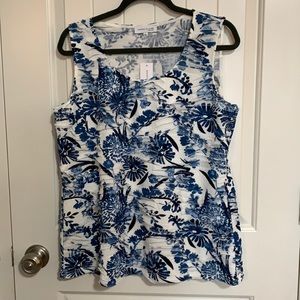 Marie Claire. Tank top. Blue floral print on white.  Ruffles. Cottage core.